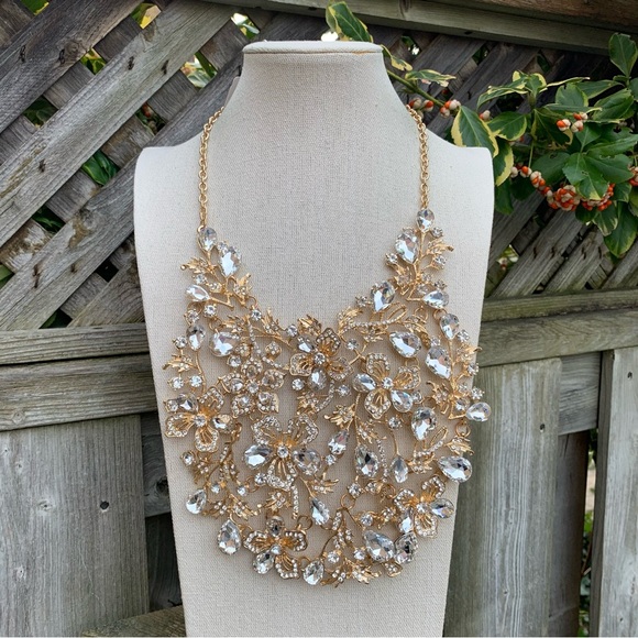 Natasha Couture Jewelry - ⭐️Natasha Crystal Lace Frontal Statement Necklace Goldtone NWT